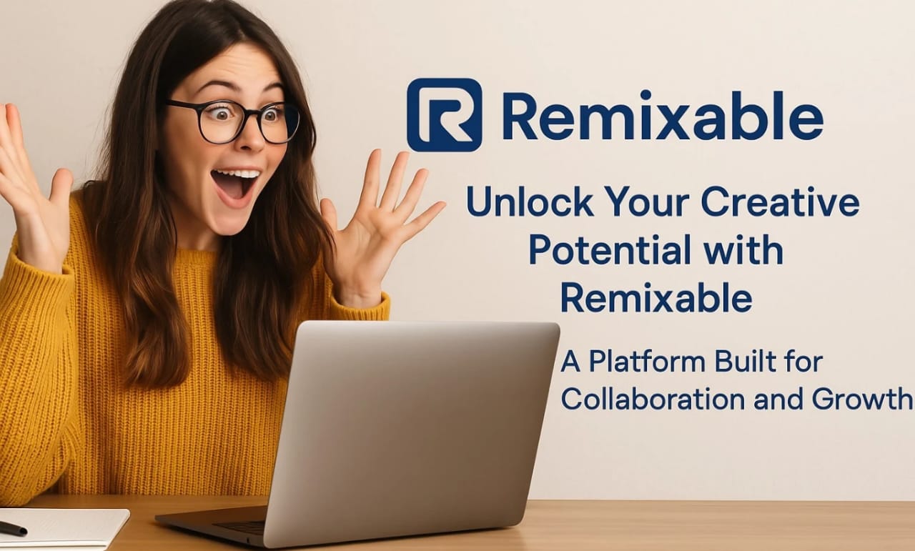 Excited female creator reacts to Remixable collaboration platform.